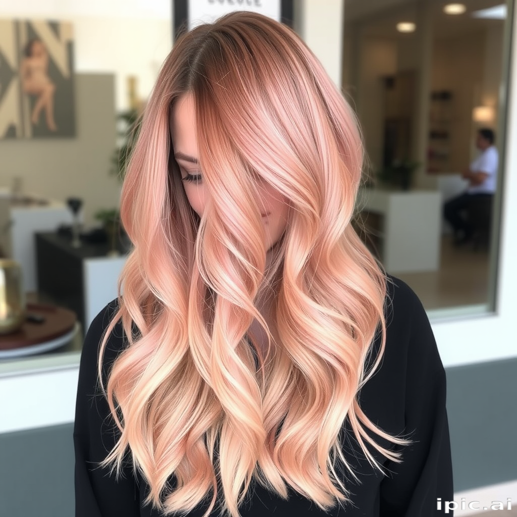 Soft rose gold balayage on a long, layered cut with face-framing tendrils and subtle waves, creating a romantic and feminine "Blushing Goddess" hairstyle