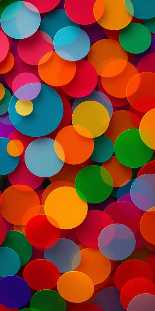 Create a colorful abstract image with vibrant overlapping circles representing a crowd, using a Canon EOS R5 camera, 50mm lens, f/1.8 aperture, ISO 100, shot from a top-down view using a macro style for enhanced detail and saturation.