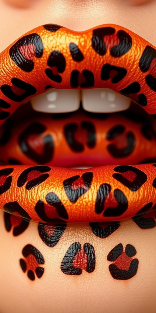 Fierce leopard print lips feature a bold animal pattern in warm golden and chocolate tones, making a statement with their unique and daring design