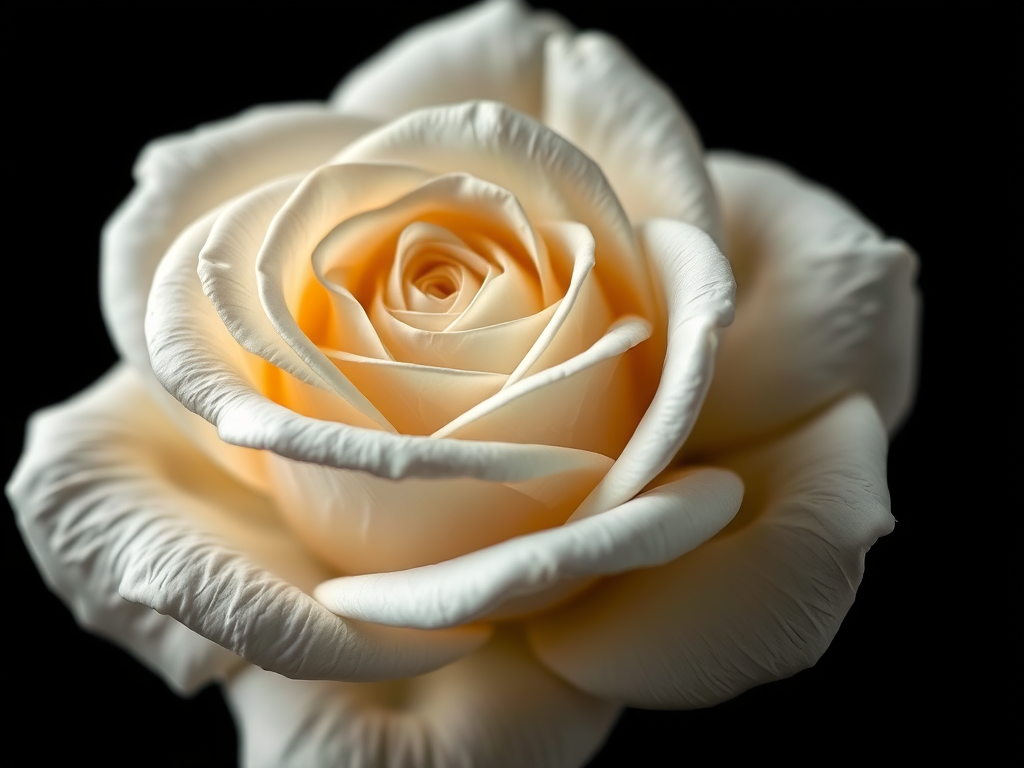 create a highly detailed illustration of a white rose on a black background, macro lens, f/2.8 aperture, 50mm focal length, soft focus, high contrast lighting, digital art style