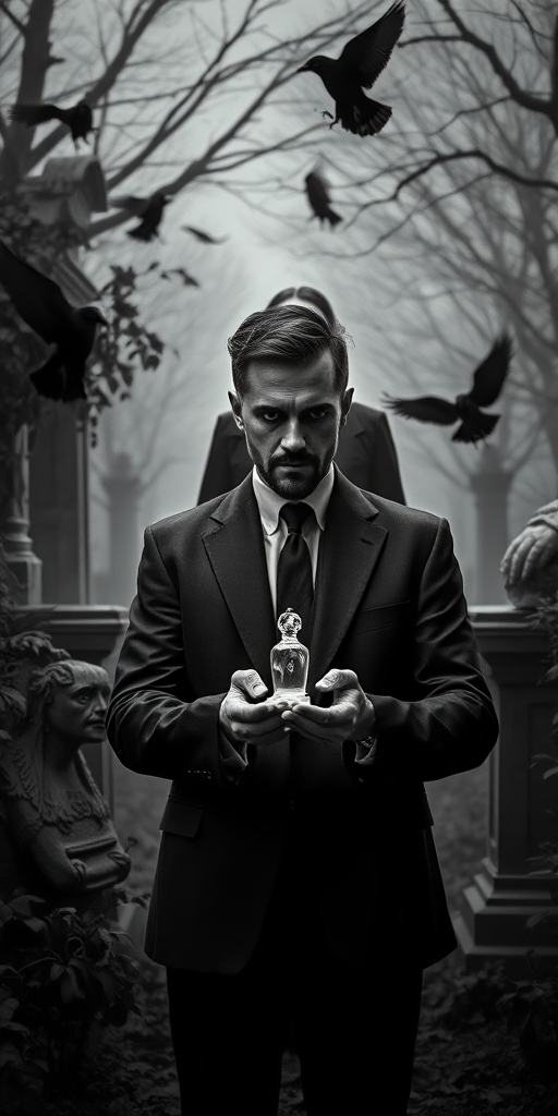 Create a high-contrast, monochromatic image of a somber man holding a delicate object in his hands while a haunting woman stands behind him, surrounded by eerie elements like crows, overgrown foliage, and statues, shot with a Canon EOS R5 at f/1.8, ISO 100, 24mm, using a shallow depth of field for dramatic focus and cinematic lighting to enhance the eerie atmosphere.