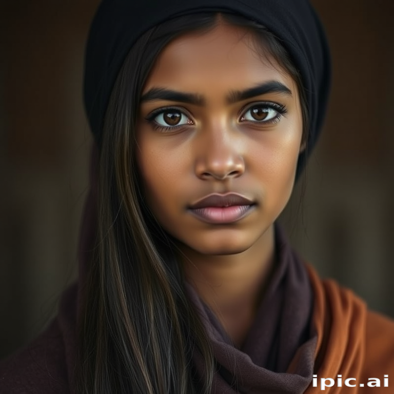 Create a portrait of a young Sri Lankan woman with long, dark hair and captivating hazel eyes. She is wearing a dark headscarf and a matching scarf draped gracefully around her neck. The background is softly blurred, focusing attention on her serene and natural expression. The overall color palette is muted and warm, enhancing the intimate and authentic feel of the portrait.