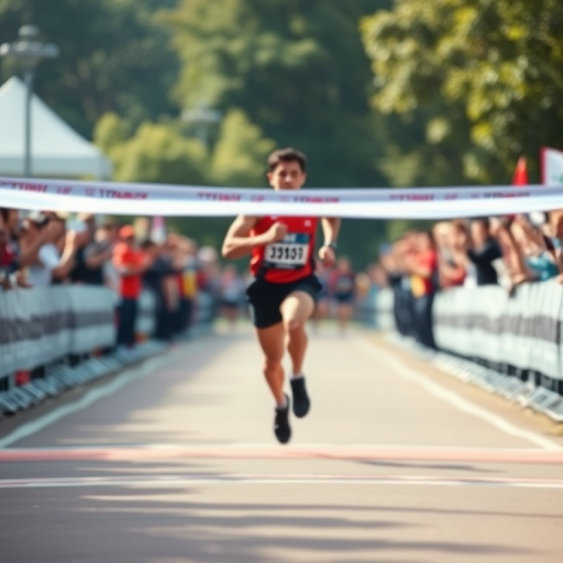 Blurry action shot of a runner sprinting across a finish line, soft focus on the cheering crowd in the background, with the feeling of triumph and determination filling the air.
