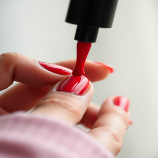 macro shot of a hand applying red nail polish with a soft-focus background, f/2.8 aperture, 50mm lens, ISO 100, natural lighting, DSLR camera