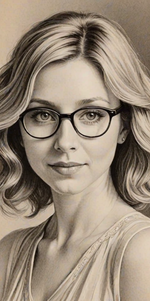 Lovely Sarah Chalke, pencil sketch, portrait of Stunning woman 1920s in glasses, hair style beatnik, outline, clear lines, fine lines, 8k