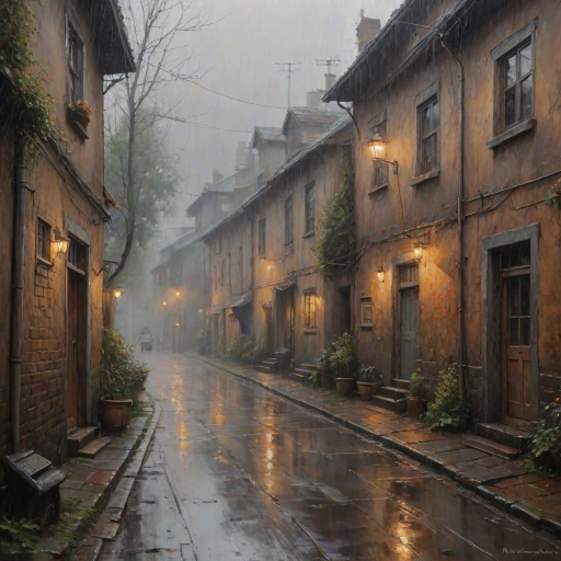 rainy day house painting, fine art painting, fantasy art, 4K, 3D, HDRi, detailed oil painting, high definition art, expressive rustic oil painting, foggy alley, soft focus