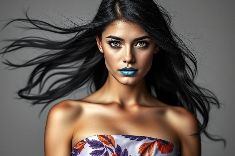 Photographic image of a beautiful young Maori woman, green eyes, lips with cyan lipstick, long hair fluttering in the wind and wearing a silk strapless dress with a soft purple and orange print. monochrome image with only color highlights in the iris of the eyes, lipstick and dress. Gray background.