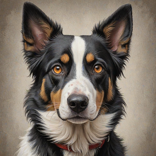 Create a detailed illustration of a black and white dog with striking amber eyes. The dog's face should be prominent and expressive, featuring a mix of fur textures. The background should be a soft, neutral color to enhance the dog's features. The overall style should be bold and graphic, emphasizing the dog's unique characteristics.