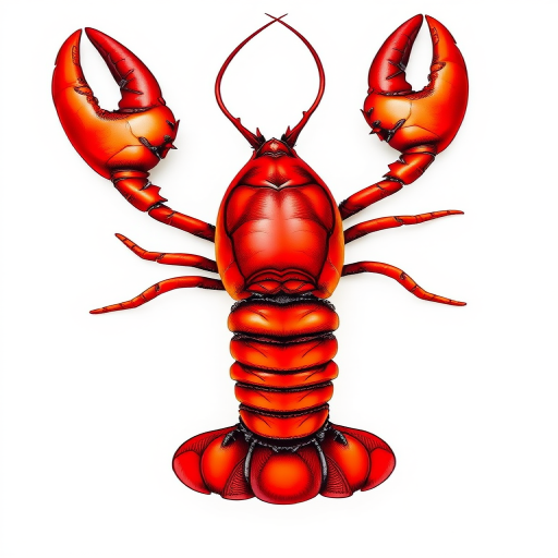 Create a highly detailed illustration of a vibrant red lobster with intricate line work on a plain white background, captured using a DSLR camera with a 50mm lens at f/8 aperture, ISO 100, and a shutter speed of 1/200s, using a top-down view for clarity and enhanced texture.