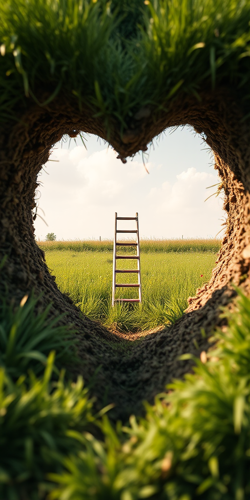 Create an image of a heart-shaped hole in a grassy field with a ladder leading into it, captured with a DSLR camera, 35mm lens, f/2.8 aperture, ISO 100, and a shallow depth of field for a dreamy effect.