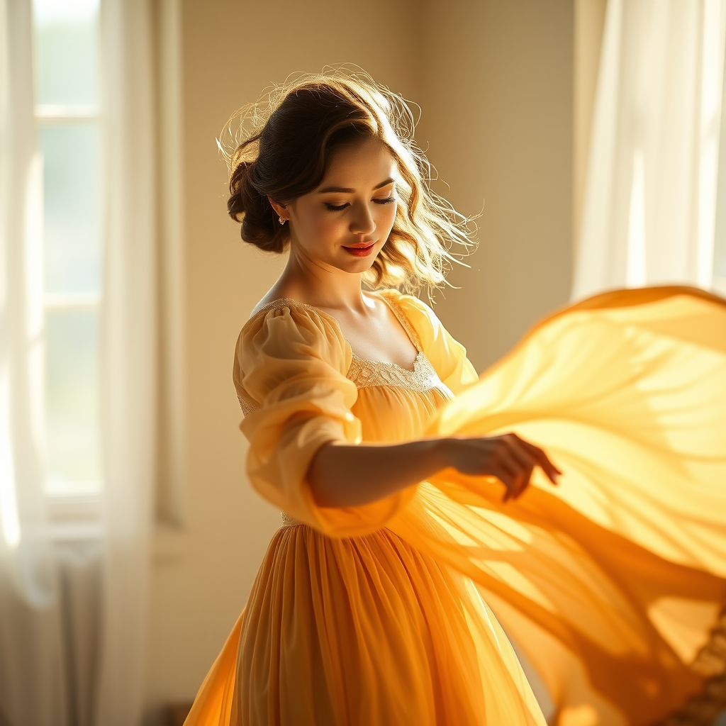 Create a serene portrait of a woman in a flowing vintage dress dancing gracefully, captured in soft natural light with a shallow depth of field, using a Canon EOS R5 with a 50mm f/1.2 lens, at f/1.2, ISO 100, and a shutter speed of 1/200s, with a focus on the fabric texture and motion blur to convey elegance.