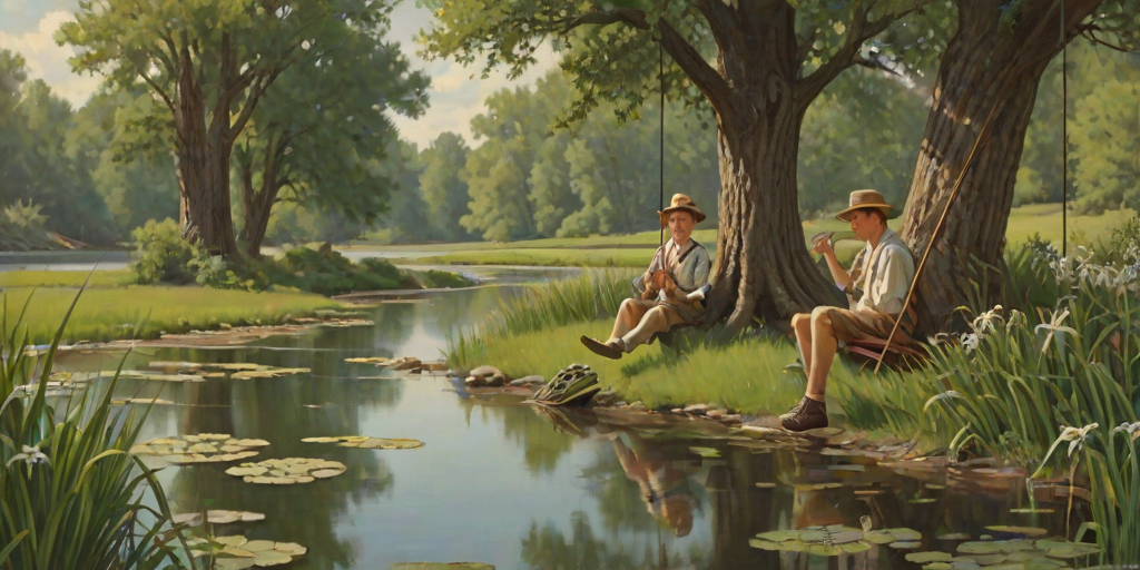Imagine a small group of old fashioned young boys out fishing by the creek, a swing hanging from a tree branch, reeds and grasses by the water's edge, a frog sitting on a lily pad, dragonflies hovering over som water plans, a very iconic old fashioned scene reminiscent of a Norman Rockwell painting style