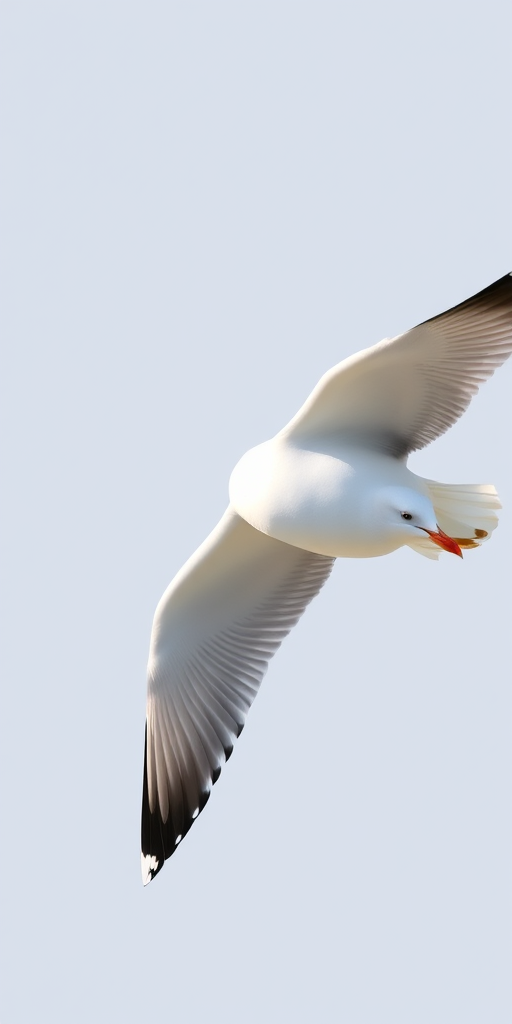 Create a high-quality digital illustration of a seagull with a dotted pattern on its wings, using a DSLR camera with a 50mm lens at f/2.8, ISO 100, with a slight vignette effect and a soft-focus background to enhance the bird's features.