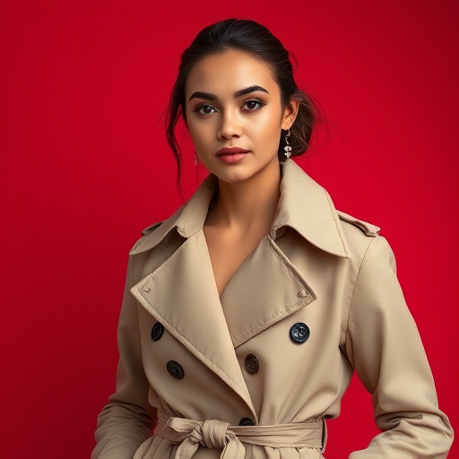 portrait of a stylish model in a beige trench coat against a vibrant red background, soft lighting with a shallow depth of field, captured with a Canon EOS R5 at f/1.8, ISO 100, 85mm lens, high-resolution image, natural makeup, focused expression