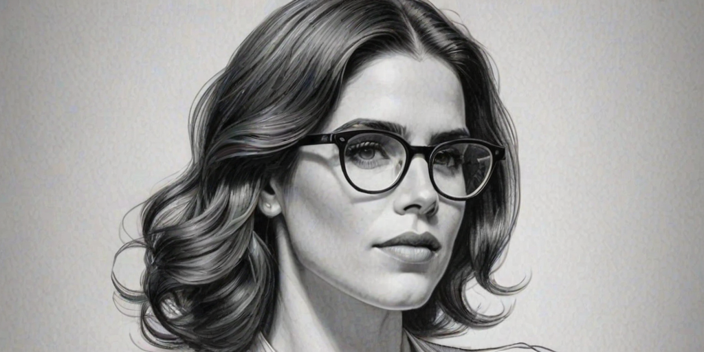 Stunning Karla Souza, pencil sketch, portrait of Exquisite woman 1938s in glasses, hair style beatnik, outline, clear lines, fine lines, 8k