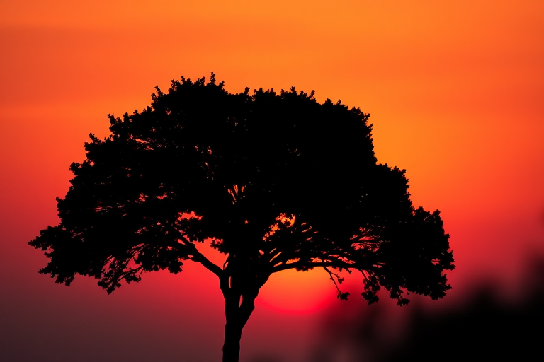 Create a detailed black silhouette of a tree against a gradient sunset background with vibrant orange and purple hues, shot with a Canon EOS 5D Mark IV at f/8, ISO 100, 1/200s, with a standard lens at eye level to enhance clarity and depth.