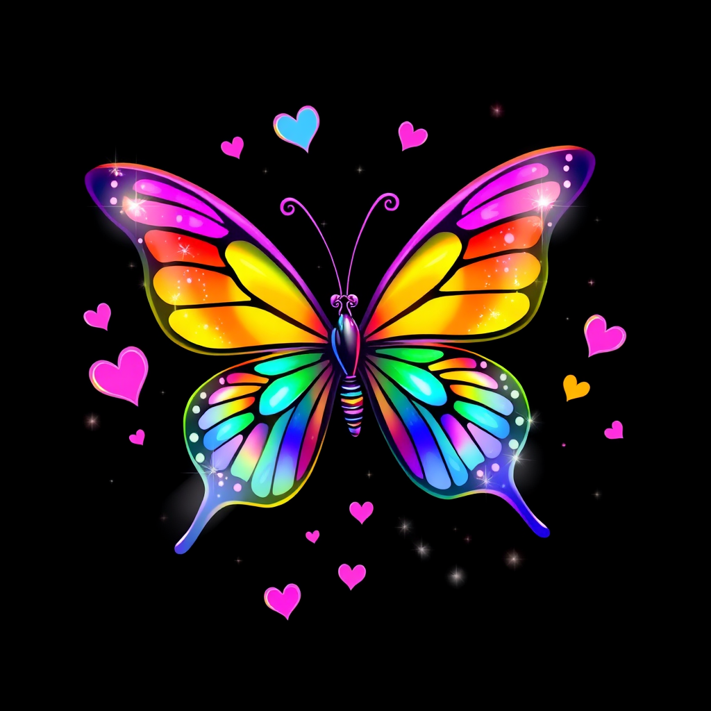 Create an image of a colorful butterfly with sparkling effects. The butterfly should be surrounded by small hearts and twinkling stars, all set against a black background. Use vibrant rainbow colors for the butterfly and ensure the overall design has a magical and whimsical feel.