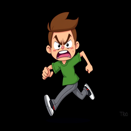 Create a cartoon character of a person running with a fearful expression, wearing a green shirt and gray pants, against a solid black background, captured with a DSLR camera at f/4 aperture, 50mm lens, ISO 100, and natural lighting to enhance vibrancy and clarity.