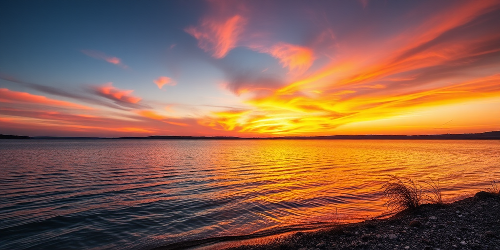 Generate a high-resolution image of a sunset over a serene lake with vibrant colors, focal length of 50mm, aperture set to f/8, ISO 100, taken from a low angle using a DSLR camera in landscape mode.