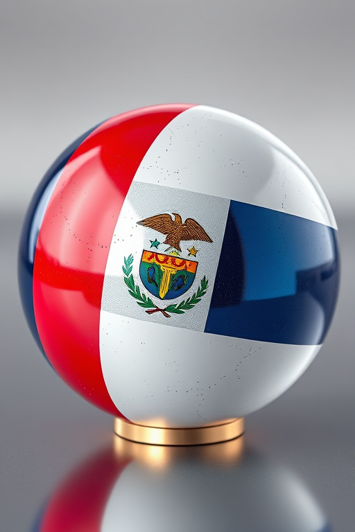 Create a high-resolution image of a glossy sphere featuring the Costa Rican flag with metallic textures, shot with a Canon EOS 5D Mark IV, aperture f/8, ISO 100, 50mm lens, focused on a front view with soft lighting to enhance reflections and colors.