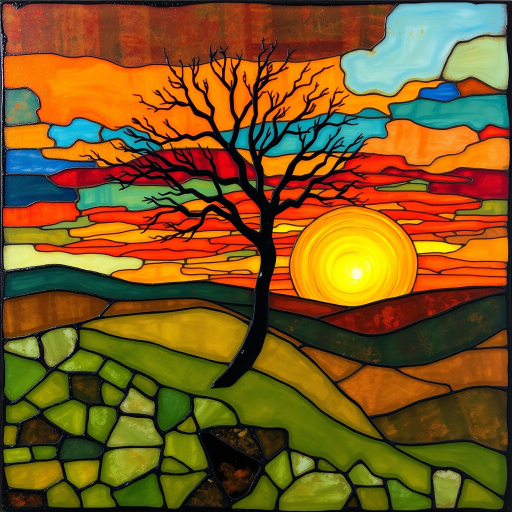 A vibrant abstract painting on Tiffany Glass, blending acrylic and alcohol ink techniques, captures a dramatic sunset over rolling hills. The artwork features a textured, rocky foreground in green and brown, layered abstract hills, and a striking sunset in rich oranges, yellows, and reds. A solitary black tree with intricate branches contrasts against the fiery sky, creating a dynamic and expressive portrayal of a breathtaking natural scene.