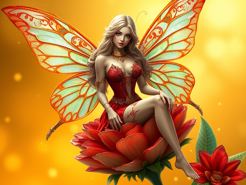 A digital artwork features a winged fairy with delicate Pineapple butterfly wings, adorned with intricate Mint andCream patterns. She is seated on a vibrant Vermilion flower, wearing a revealing red two-piece outfit with sparkling beadwork. Her fair skin, long blonde hair, and gold jewelry add to her ethereal appearance. The background is a warm, golden gradient, creating a magical atmosphere. Small glowing orbs and sparkles surround the flower, enhancing the enchanting, highly detailed, and realistic scene.