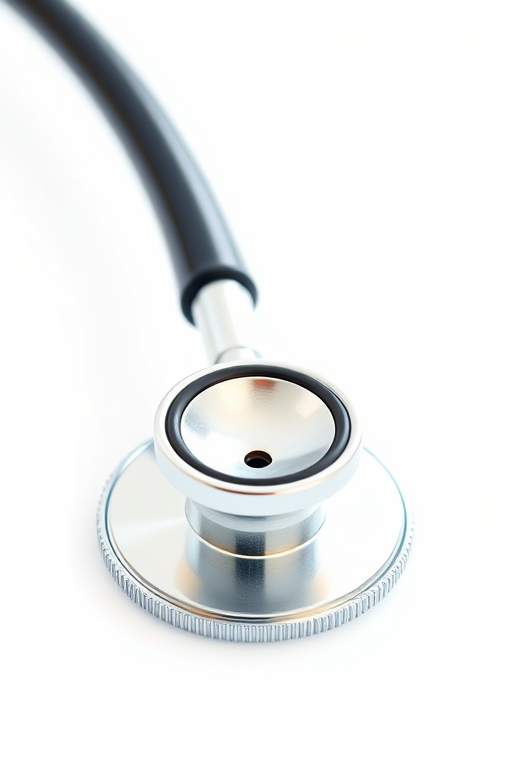 Create a high-resolution illustration of a stethoscope, using a macro lens, shot at f/2.8 aperture with a shallow depth of field, in bright, natural lighting, with a clean white background to enhance the details and contrast.
