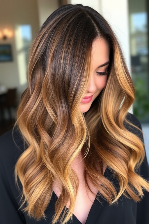 Elegant ombre balayage transitioning from deep chocolate brown to warm honey gold, styled in loose beachy waves with face-framing tendrils for a sun-kissed glow