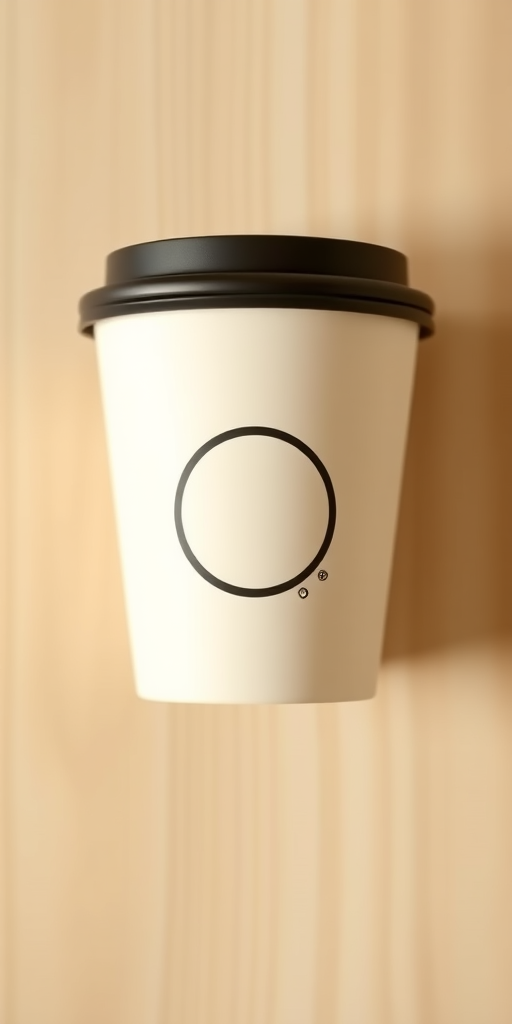 a high-quality vector illustration of a coffee cup with a minimalist design, featuring a pale beige body, a dark lid, and a circular logo in the center, captured with a Canon EOS R5 at f/4, ISO 100, 50mm focal length, top-down view, natural lighting