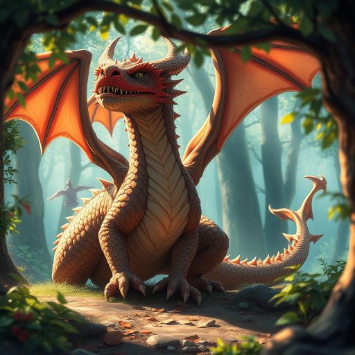 Create a detailed illustration of a fantasy dragon in a mystical forest setting, using a Canon EOS R5 with a 50mm f/1.2 lens, aperture set to f/2.8, ISO 100, and a shallow depth of field, capturing dynamic lighting with soft shadows and vibrant colors.