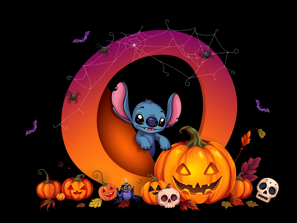 A whimsical and vibrant Halloween-themed digital illustration featuring the letter "Q" adorned with spider webs, small bats, and cute spiders. At the base of the letter, a playful alien character similar to Stitch is peeking out from inside a carved pumpkin with glowing eyes, surrounded by additional pumpkins, a small skull, and autumn leaves. The letter is gradient-colored from orange to purple, adding a magical atmosphere to the scene, black background