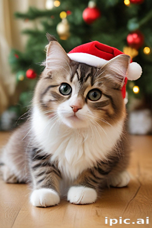 A Cute Cat Wearing a Santa Hat in Front of a Christmas Tree