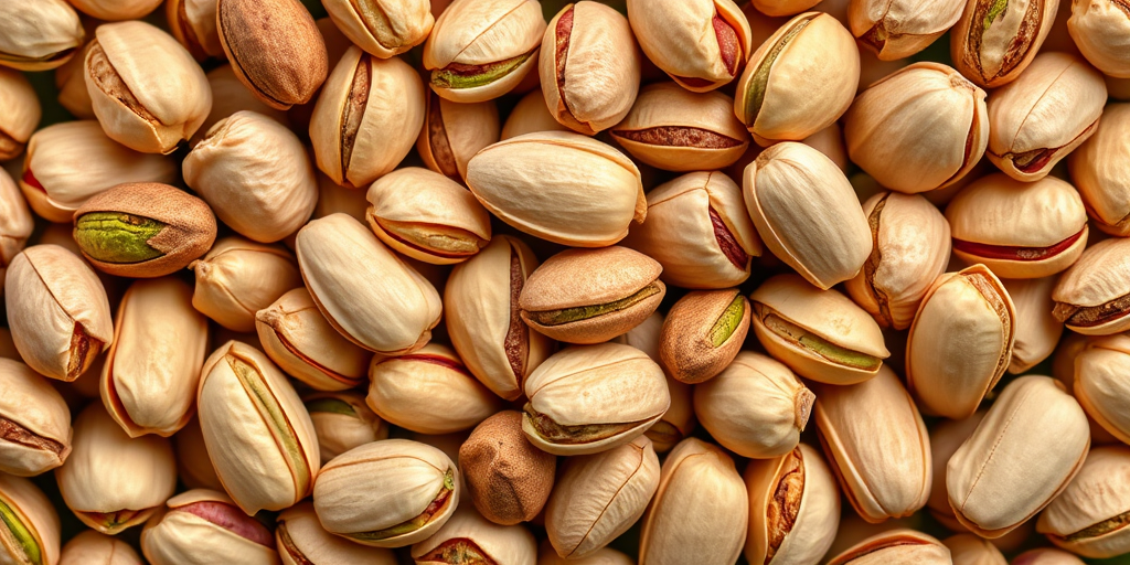 regenerate an image of assorted pistachio nuts with a focus on their textures and colors in high resolution, use a macro lens, aperture f/2.8, ISO 100, shutter speed 1/200s, with natural lighting from above, captured from a bird's eye view