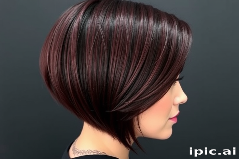 Deep burgundy locks styled in a sleek asymmetrical bob with one side shaved, featuring intricate mandala designs etched into the buzzed portion, blending edge with elegance.