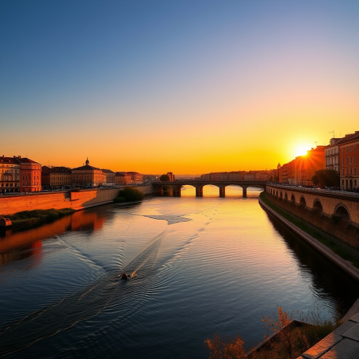 Capture a scenic view of the Garonne River in Toulouse during the golden hour, with a wide-angle lens at f/8, ISO 100, shutter speed 1/200s, using a DSLR camera for optimal clarity and vibrant colors.
