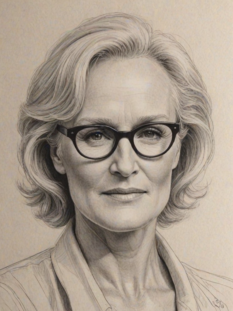 Comely Glenn Close, pencil sketch, portrait of Fascinating woman 1976s in glasses, hair style beatnik, outline, clear lines, fine lines, 8k