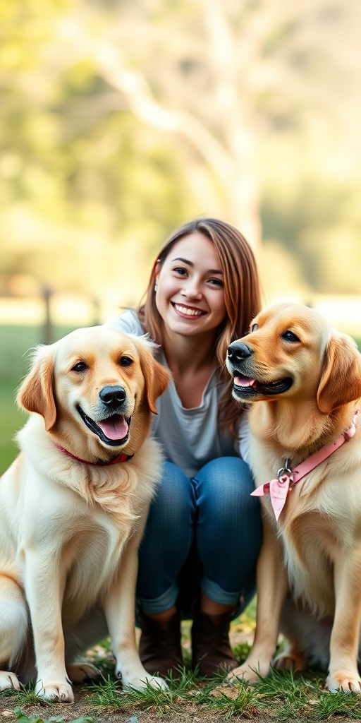 Generate an image of a young woman sitting outdoors with three golden retrievers, capturing a warm and joyful interaction, using a Canon EOS R5 camera, 50mm lens, f/1.8 aperture, 1/200 sec shutter speed, and a natural light setting for a soft focus background.