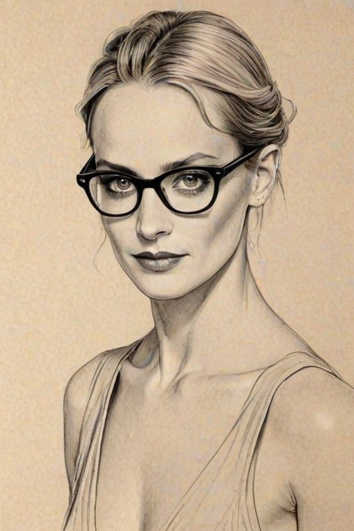 Graceful Amber Valletta, pencil sketch, portrait of Bewitching woman 1924s in glasses, hair style beatnik, outline, clear lines, fine lines, 8k