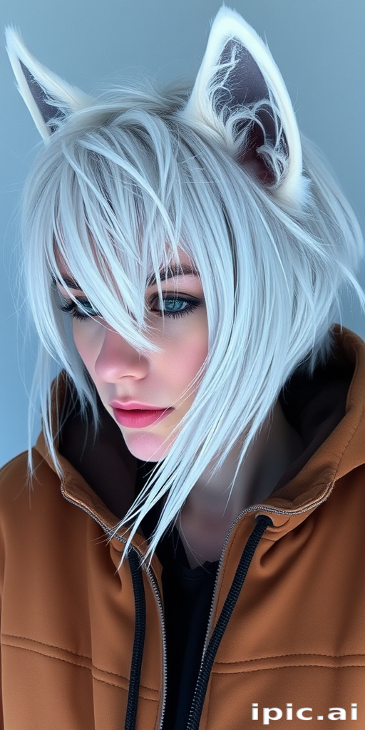 Icy platinum blonde wolf cut with choppy layers and wispy bangs, featuring cool blue undertones for a frosty and edgy aesthetic