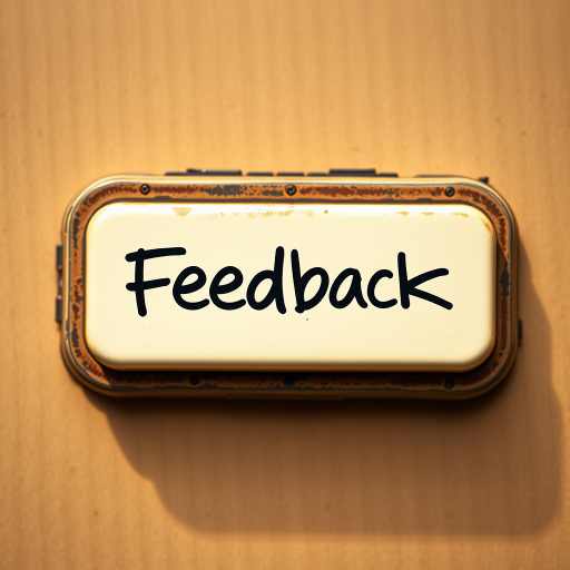 Create an image of a vintage-style feedback button with a textured beige background and bold black handwritten text, using a Canon EOS 5D Mark IV with a 50mm lens, aperture f/2.8, ISO 100, shot in natural lighting from a top-down view.