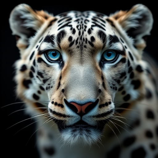Create a highly detailed and realistic image of a snow leopard's face with striking blue eyes against a black background, using a DSLR camera with a 50mm lens, aperture set to f/2.8, ISO 100, and a shallow depth of field to enhance focus on the leopard's features.