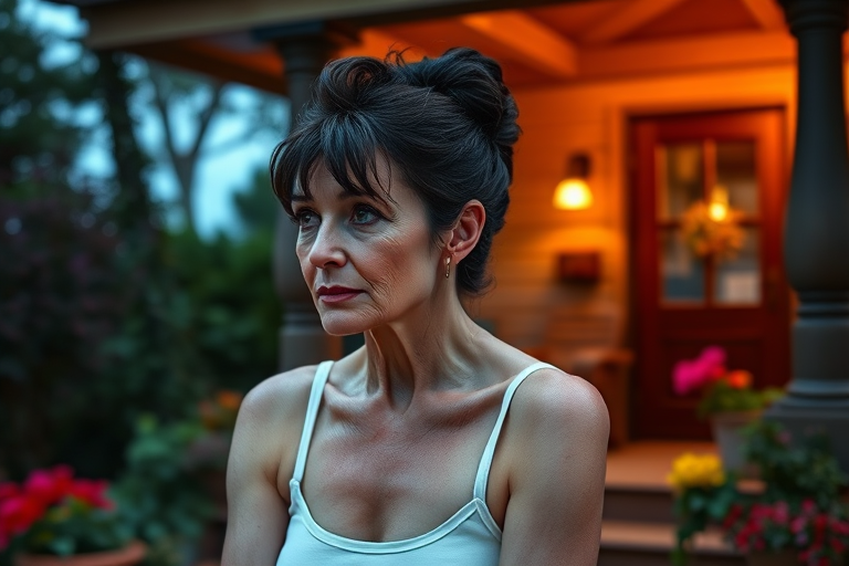 A photo of Glenn Close with a background of a cozy porch. She has dark hair pulled back in an updo, with tendrils framing her face. She wears a white tank top and sits on the porch. The porch is part of a well-lit home with a warm, earthy tone and colorful flowers and foliage. The overall scene has a warm, welcoming, and comfortable ambiance.