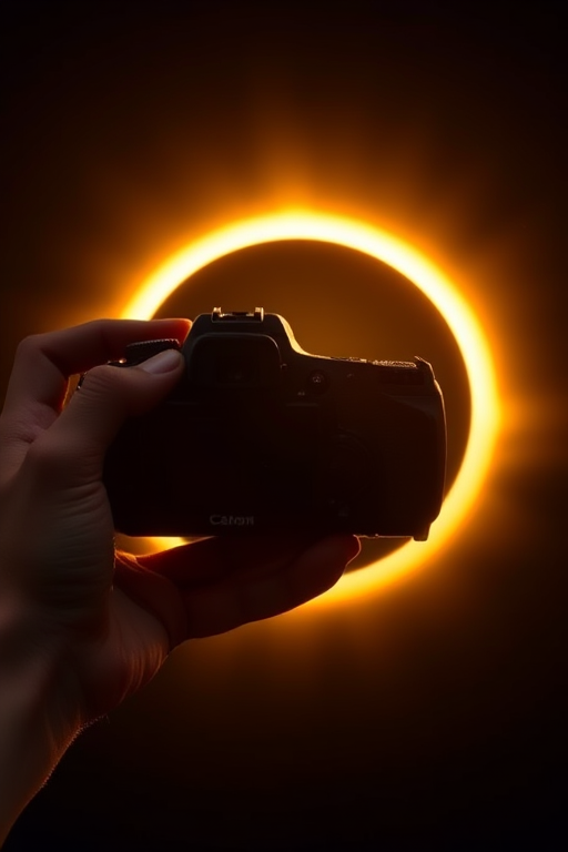 Capture a solar eclipse with a DSLR camera, 200mm lens, aperture f/8, ISO 100, shutter speed 1/1000s, shot from a high vantage point, during peak eclipse illumination, using a clear filter for protection.