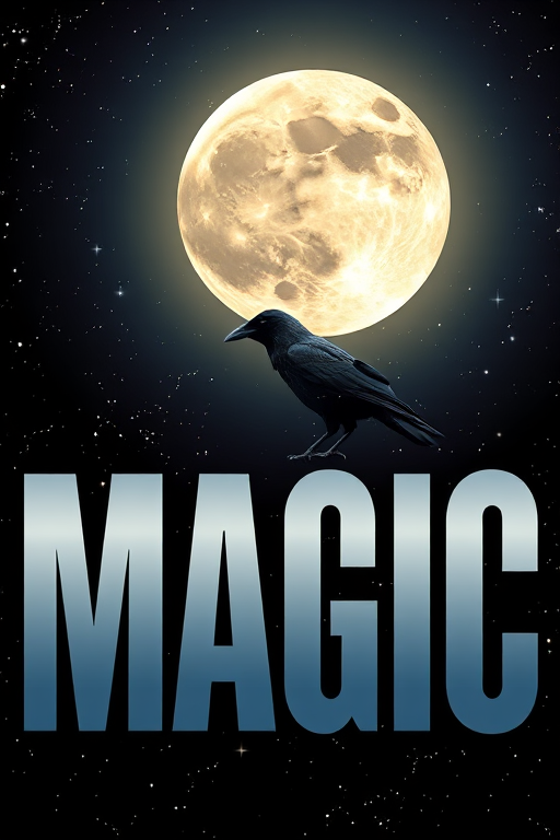 Create an image of a full moon glowing brightly against a starry night sky, featuring the word "MAGIC" in bold, elegant font, with a crow perched on the letter 'C', captured with a DSLR camera, f/1.8 aperture, ISO 200, 24mm lens, with a slight vignette effect to enhance the ethereal atmosphere.