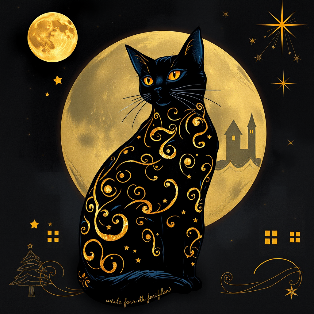 a stylized black cat with iridescent golden arabesques all over its body, on a grungy smoky black background with matching celestial designs, a full moon with silhouettes of lit houses, bright shooting stars, dazzling, magical BG, reminiscent of Christmas wonderland