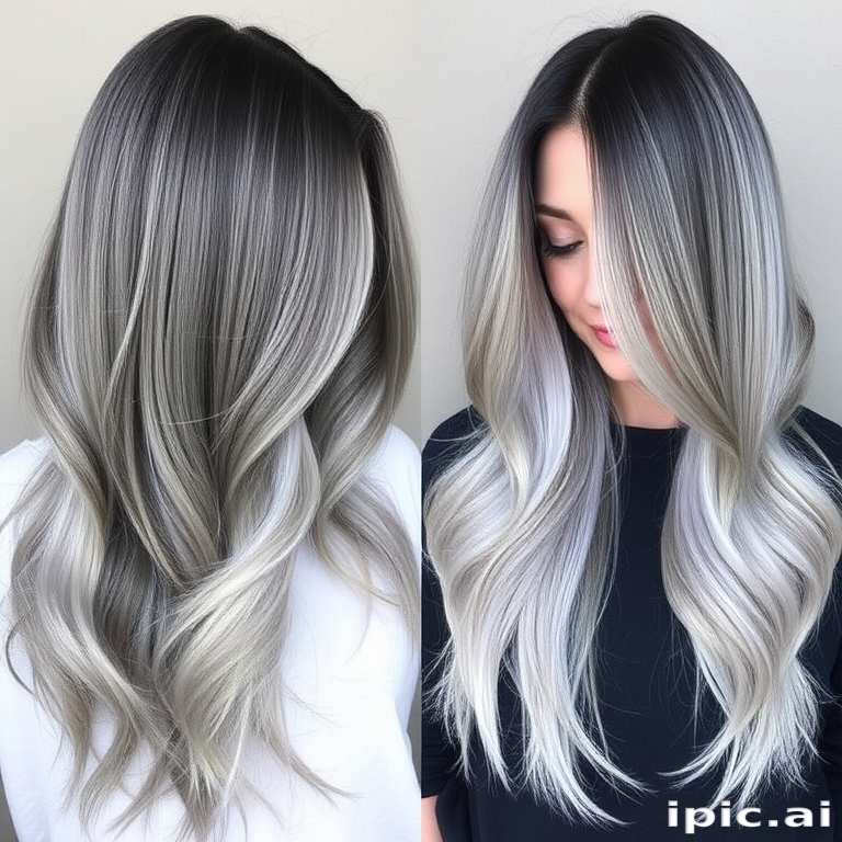 Dramatic silver ombre hair styled in the "Moonlit Cascade" features long, straight locks gradually fading from dark charcoal roots to brilliant silver tips