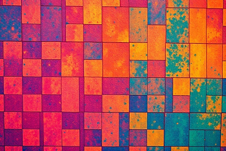Create an abstract image with vibrant colors in a textured, grid-like pattern, using a DSLR camera with a 50mm lens at f/2.8, ISO 200, and a shutter speed of 1/250 second, capturing the scene from a top-down view with vivid saturation and high contrast.