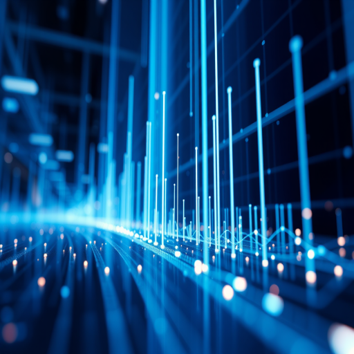Create a high-resolution digital abstract image of a futuristic data visualization with blue and black gradients, sharp vertical bars representing data points, illuminated lines connecting them, taken with a Canon EOS R5, 50mm lens, f/1.8 aperture, ISO 100, at a low angle view with a soft focus background for enhanced depth perception.
