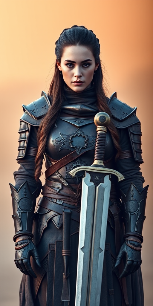 A warrior woman in intricate brown armor with a sword, standing confidently against a soft gradient background, shot with a Canon EOS R5, 50mm lens, f/1.8 aperture, ISO 100, 1/125s shutter speed, in natural lighting with a shallow depth of field for a dreamy effect.