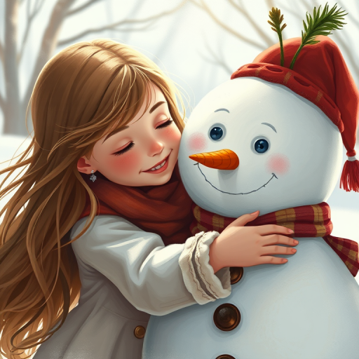 Create a detailed illustration of a young girl with long, flowing hair embracing a friendly snowman, capturing a warm and whimsical moment, using a 50mm lens at f/2.8 for a shallow depth of field to focus on their expressions, shot in soft natural light with a slight overexposure for a dreamy feel, in a digital painting style.